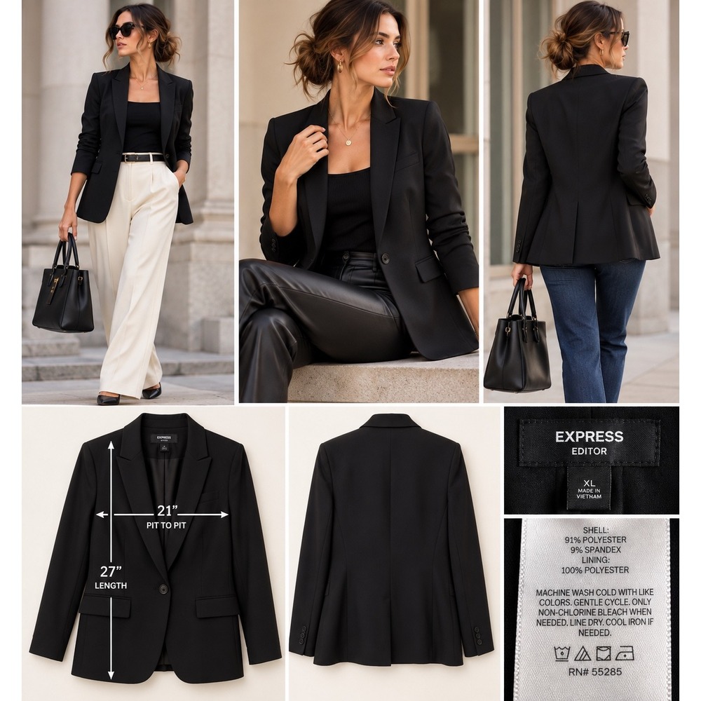 Express Editor Black Blazer XL Stretch Office Siren Quiet Luxury Tailored Jacket